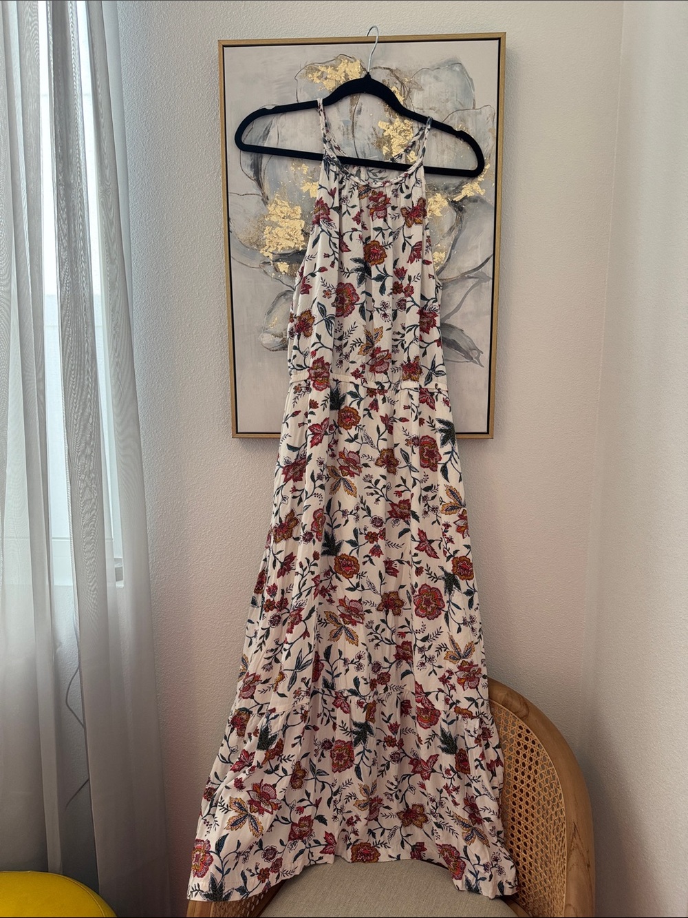 6/14 Old Navy Cream Halter Maxi Dress with Red and Green Floral Print
